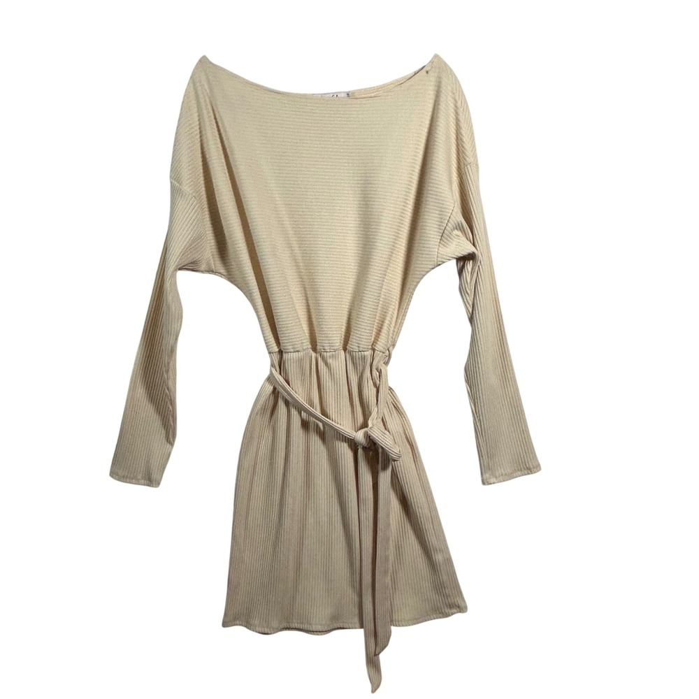 Culture Code Cream Ribbed Dolman Sleeve Mini Dress Tie‎ Waist Plus 1X CRD1899LX